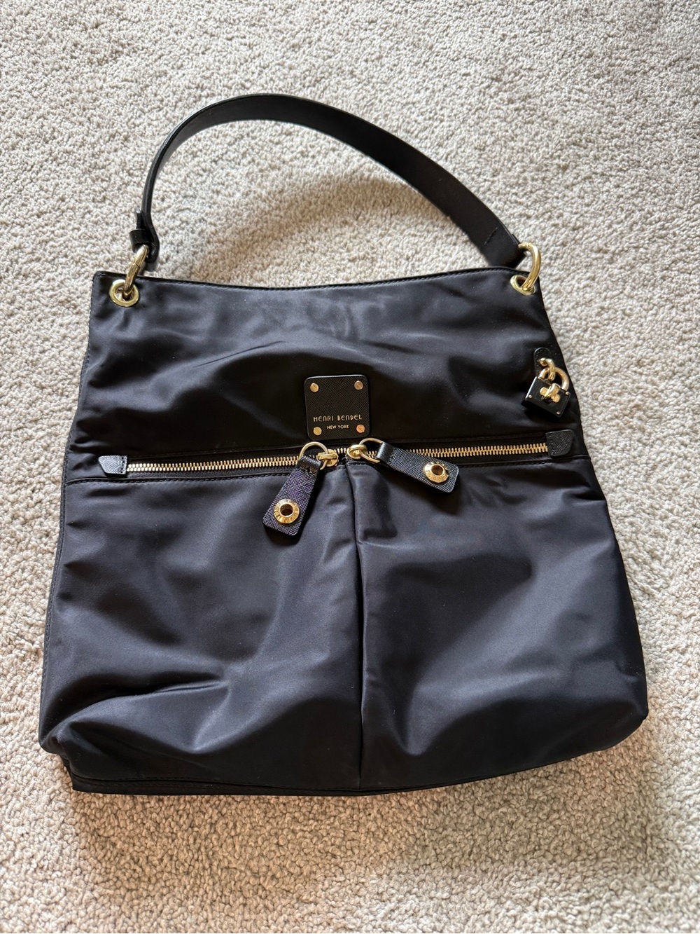 Henri Bendel Black Nylon Shoulder Bag with Gold Hardware